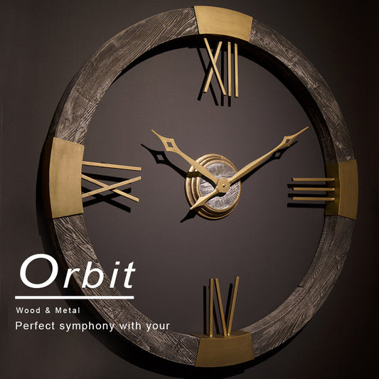 Orbit Wanduhr 90 cm – Grau & Gold | Moderne Wanduhr aus Holz & Metall von RH Clocks